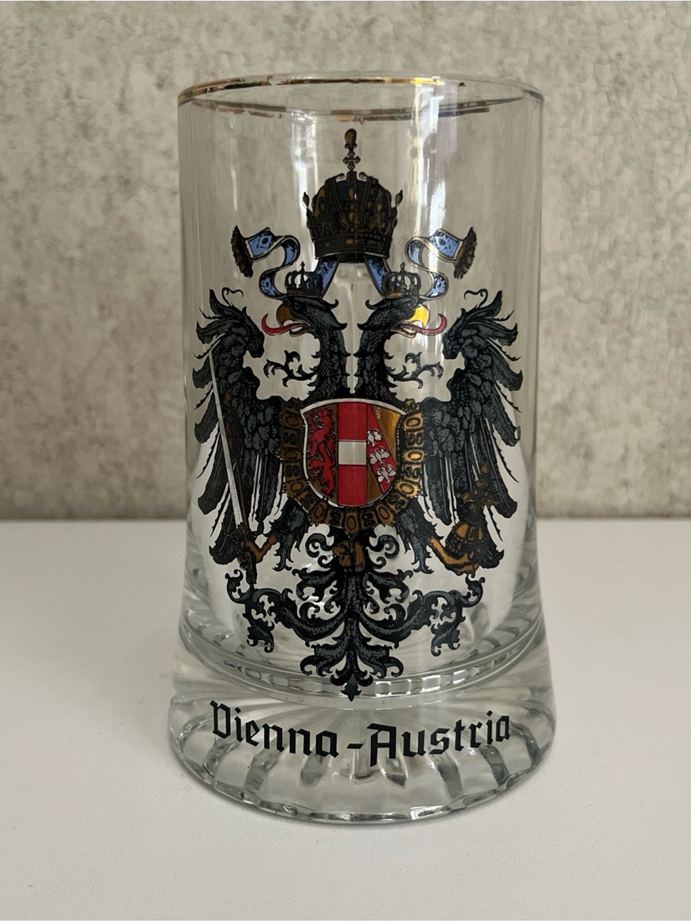 Vintage Austria Coat of Arms Glass Beer Stein Heavy Thick Glass Crest Design